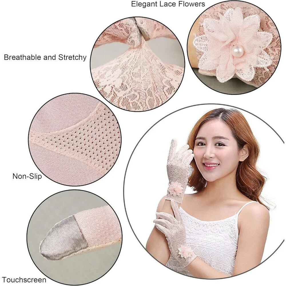Women's Flower Pink Floral Embroider Lace Gloves Summer Sun Protection